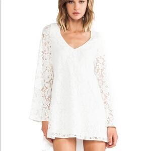 Lovers + Friends | Holly White Lace Mini Dress Long Bell Sleeves V-Neck High Low